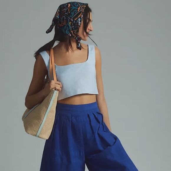Significant Other Anthro Women’s Elina Open Back Linen Powder Blue Crop Top 2 - Picture 1 of 13